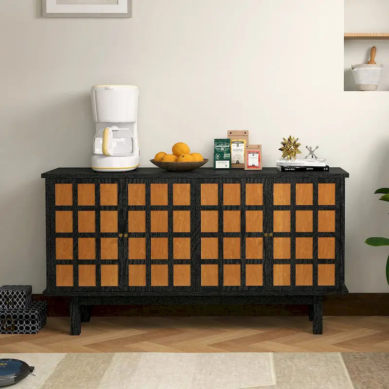 Meuble TV Grain de Bois Noir pour téléviseurs jusqu'à 65", 2 Meubles de Rangement