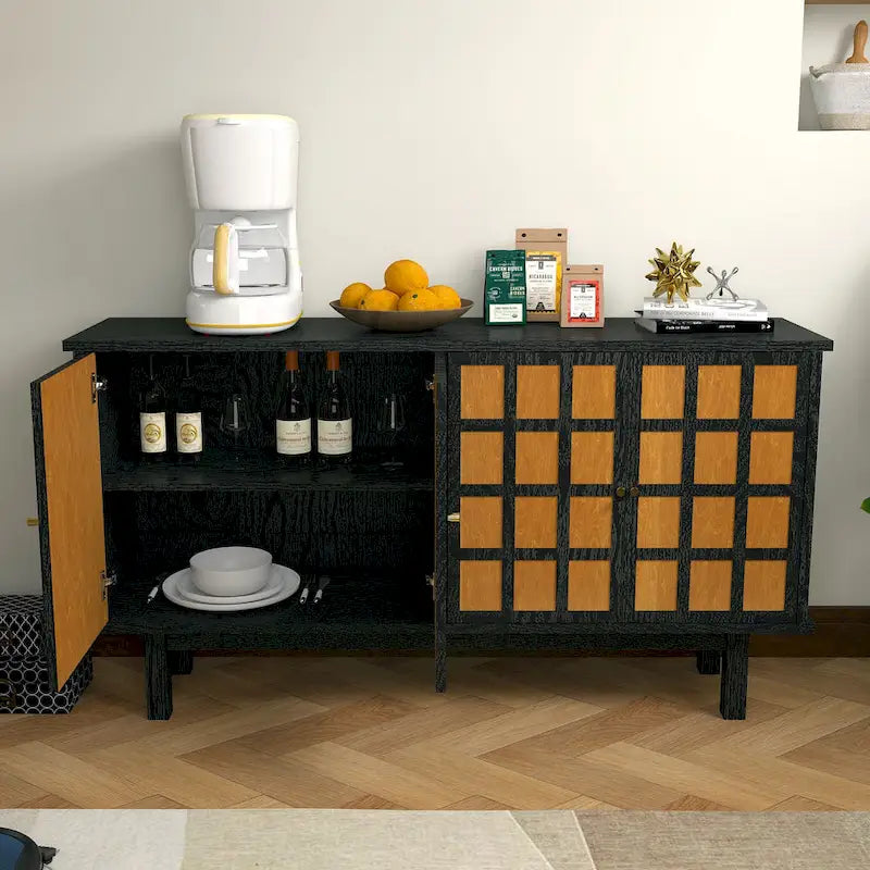 Meuble TV Grain de Bois Noir pour téléviseurs jusqu'à 65", 2 Meubles de Rangement