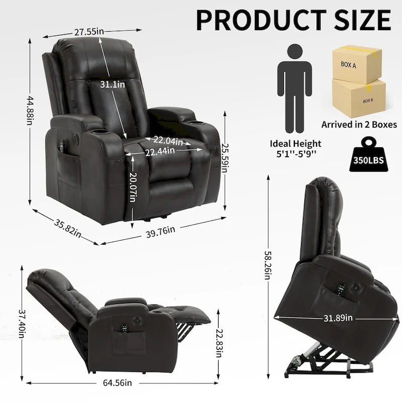 Fauteuil inclinable releveur avec massage et chauffage marron/noir – 1 place