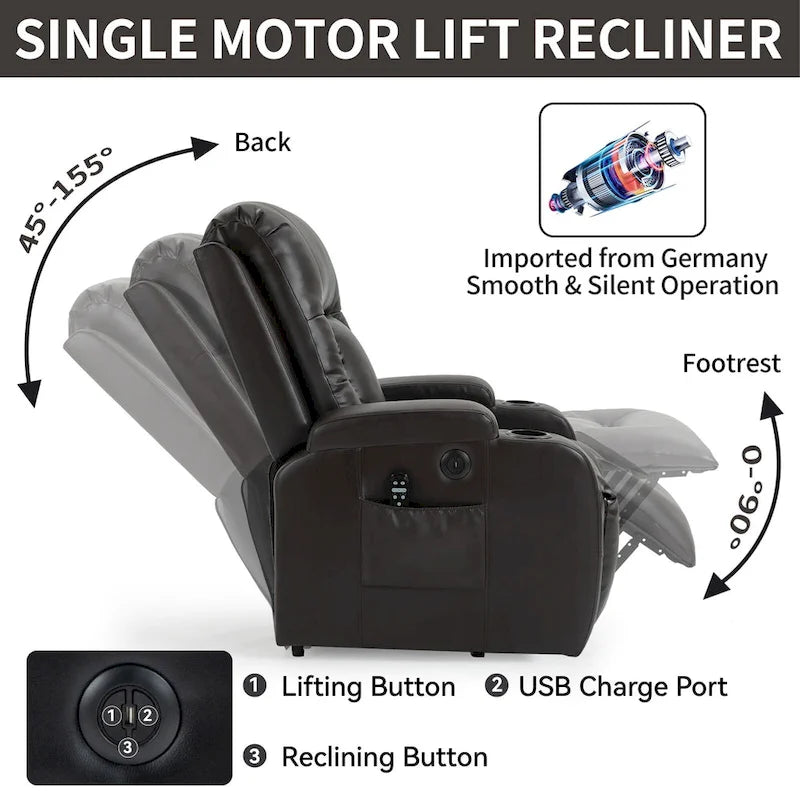 Fauteuil inclinable releveur avec massage et chauffage marron/noir – 1 place