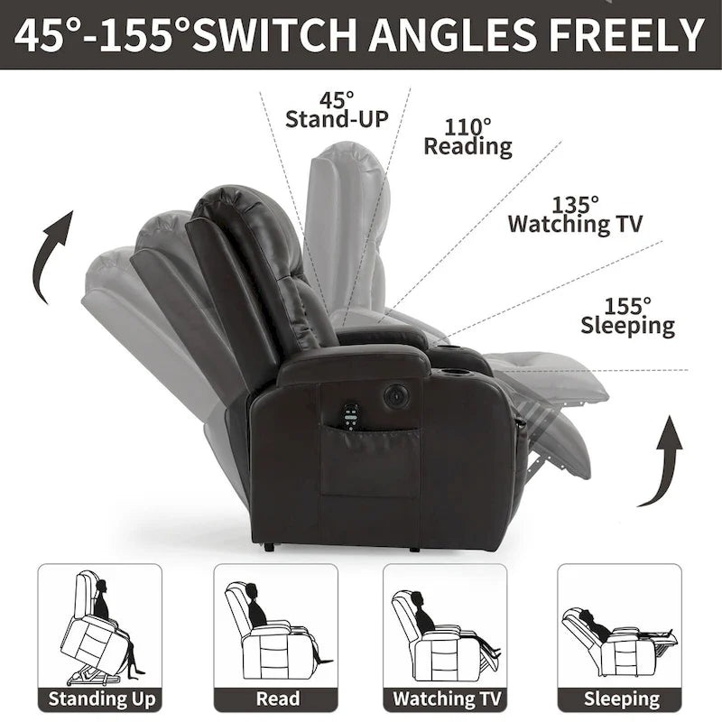Fauteuil inclinable releveur avec massage et chauffage marron/noir – 1 place