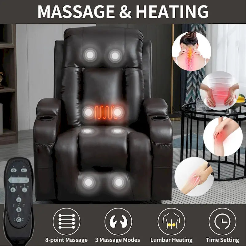 Fauteuil inclinable releveur avec massage et chauffage marron/noir – 1 place