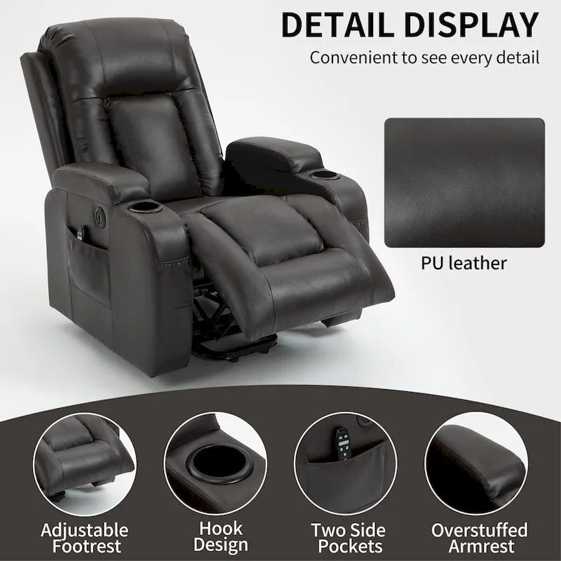 Fauteuil inclinable releveur avec massage et chauffage marron/noir – 1 place