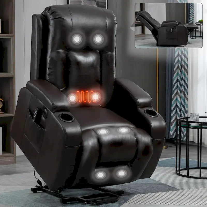 Fauteuil inclinable releveur avec massage et chauffage marron/noir – 1 place