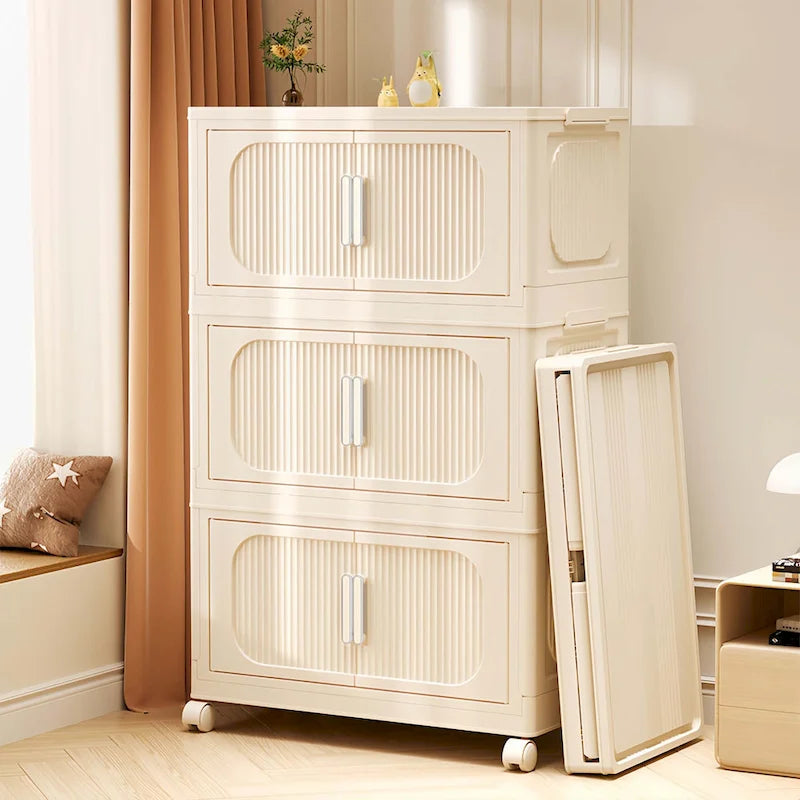 Armoire de rangement pliante multi-niveaux blanc crème avec roulettes
