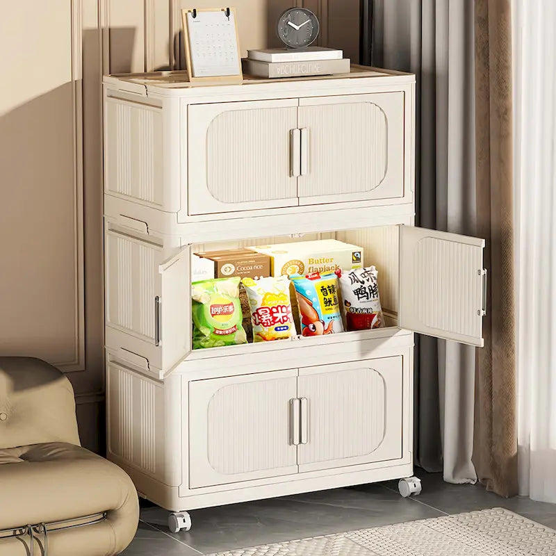 Armoire de rangement pliante multi-niveaux blanc crème avec roulettes