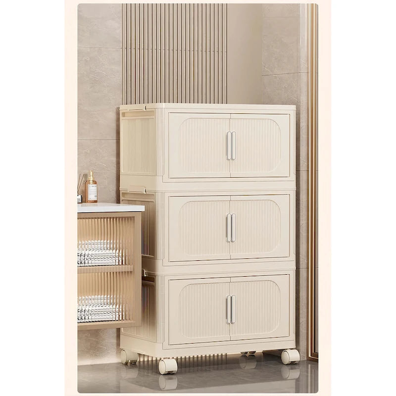Armoire de rangement pliante multi-niveaux blanc crème avec roulettes