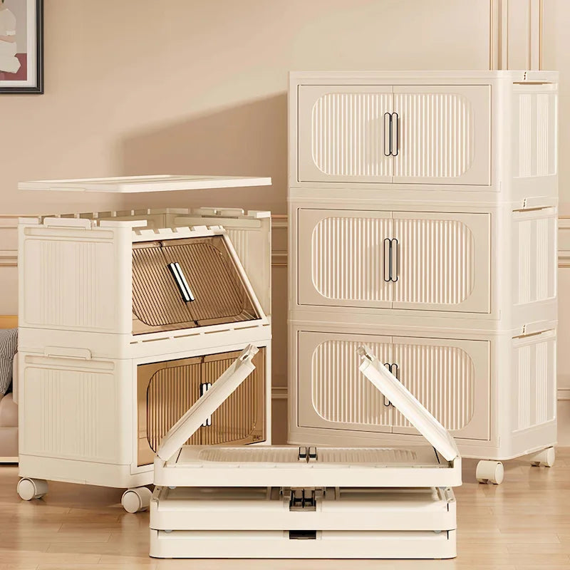 Armoire de rangement pliante multi-niveaux blanc crème avec roulettes