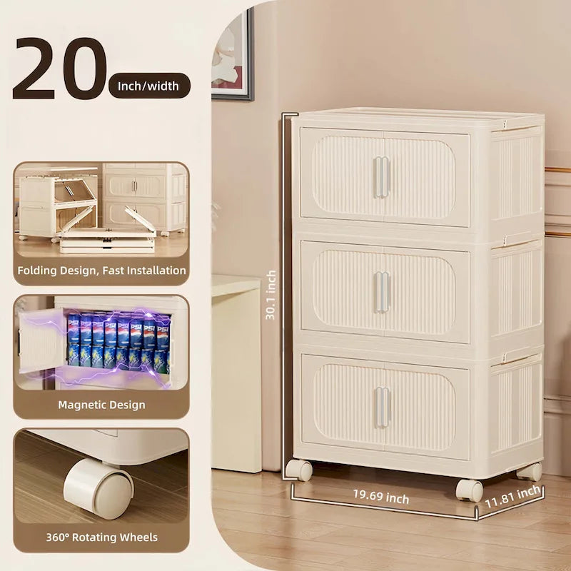 Armoire de rangement pliante multi-niveaux blanc crème avec roulettes
