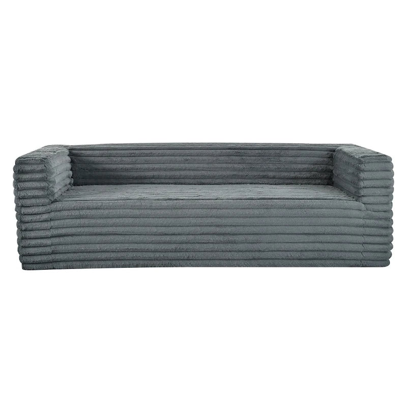 Canapé 3 places en velours côtelé, accoudoirs carrés gris/beige