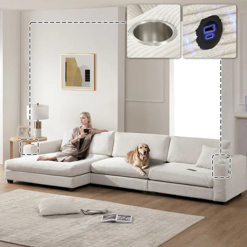 Canapé d'angle surdimensionné en velours côtelé beige/kaki, 3-4 places