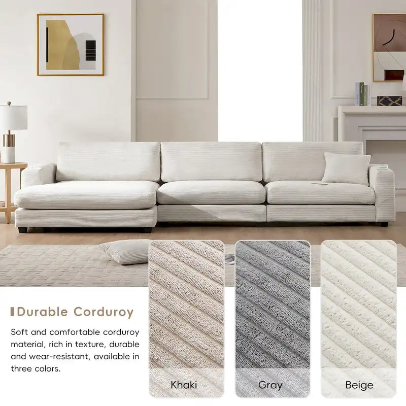 Canapé d'angle surdimensionné en velours côtelé beige/kaki, 3-4 places