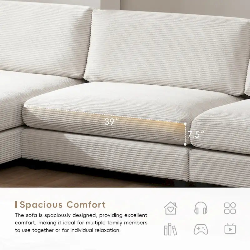 Canapé d'angle surdimensionné en velours côtelé beige/kaki, 3-4 places
