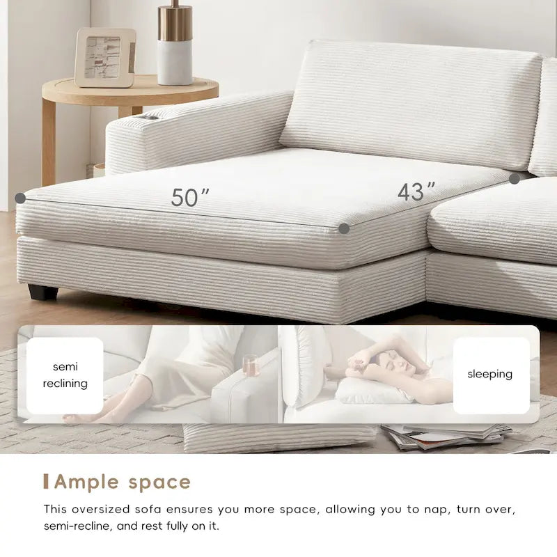 Canapé d'angle surdimensionné en velours côtelé beige/kaki, 3-4 places