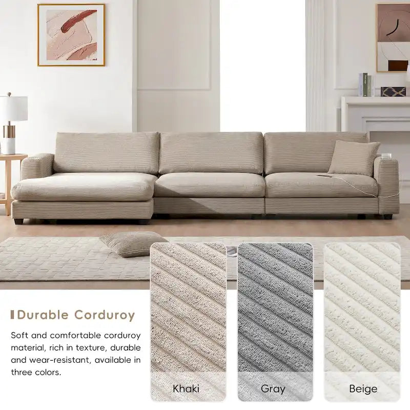 Canapé d'angle surdimensionné en velours côtelé beige/kaki, 3-4 places
