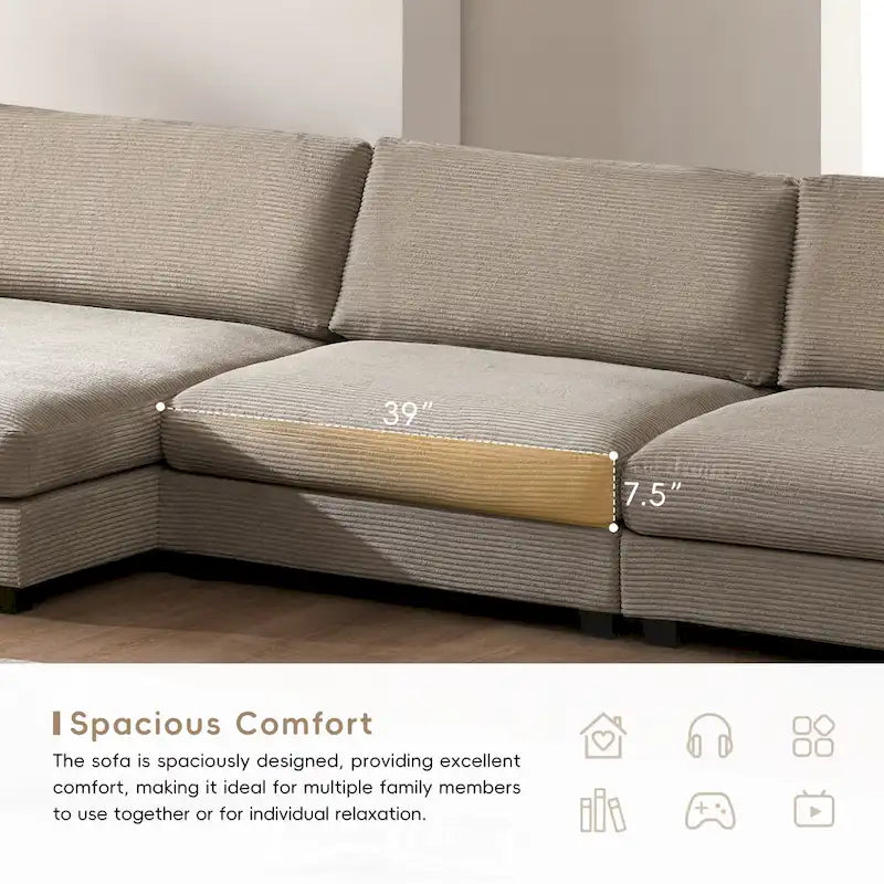 Canapé d'angle surdimensionné en velours côtelé beige/kaki, 3-4 places