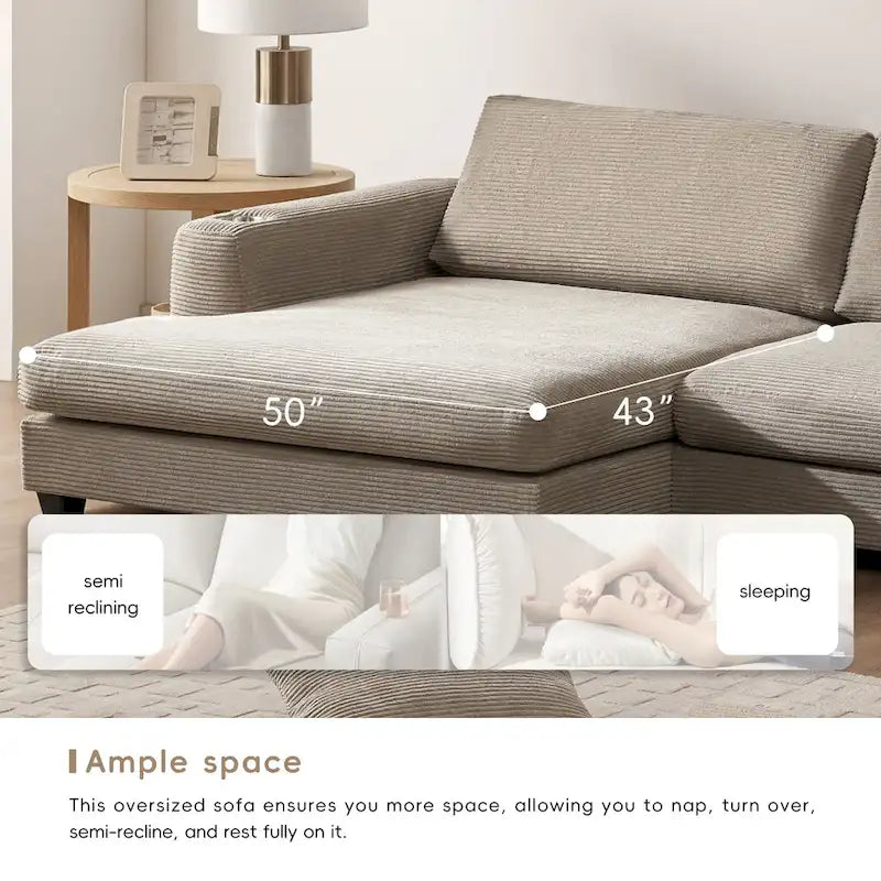 Canapé d'angle surdimensionné en velours côtelé beige/kaki, 3-4 places