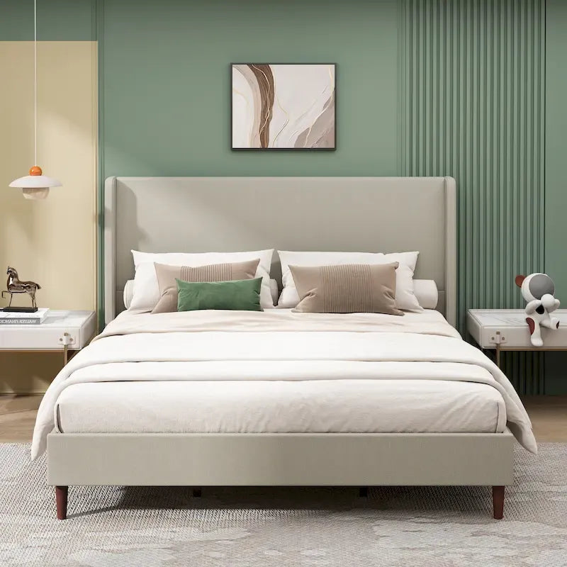 Lit plateforme en lin beige, très grand, capacité de 227 kg