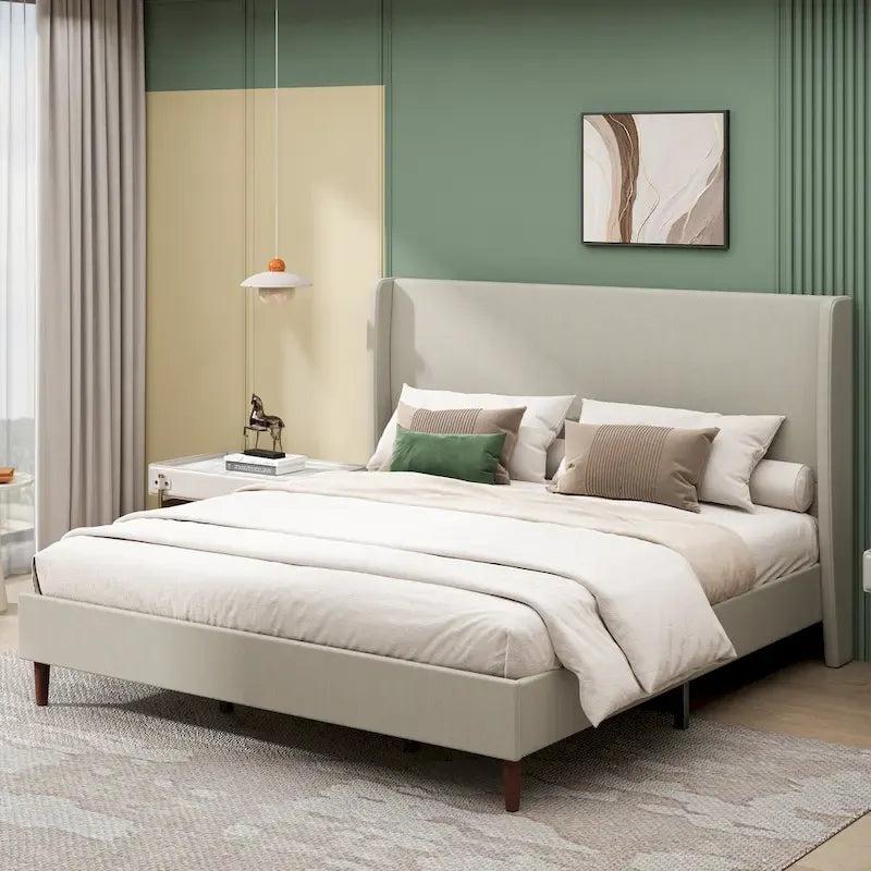 Lit plateforme en lin beige, très grand, capacité de 227 kg