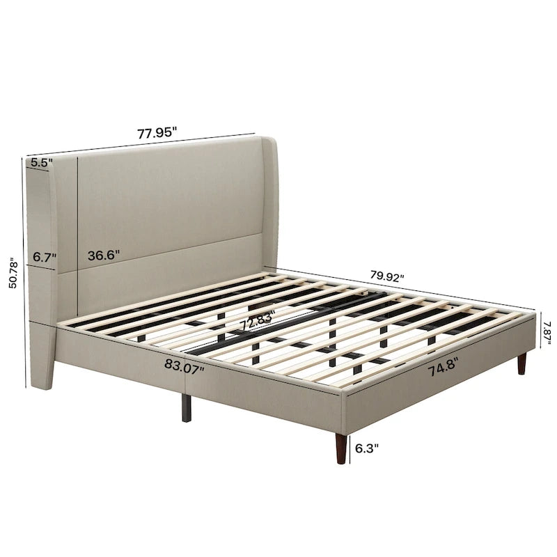 Lit plateforme en lin beige, très grand, capacité de 227 kg