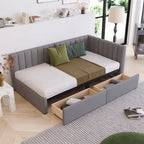 Lit de repos capitonné en lin gris avec rangement – Lit double, 2 places