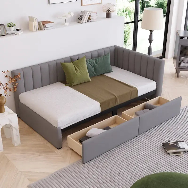 Lit de repos capitonné en lin gris avec rangement – Lit double, 2 places