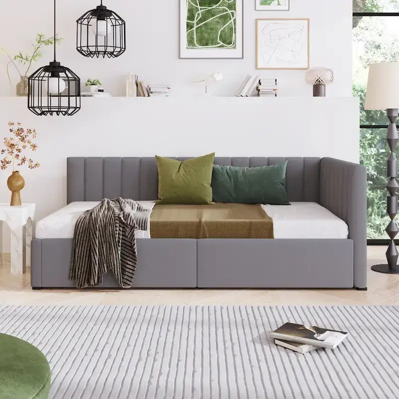 Lit de repos capitonné en lin gris avec rangement – Lit double, 2 places