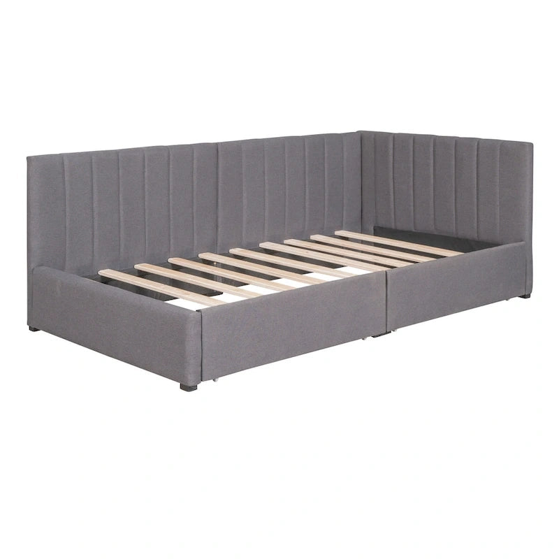 Lit de repos capitonné en lin gris avec rangement – Lit double, 2 places
