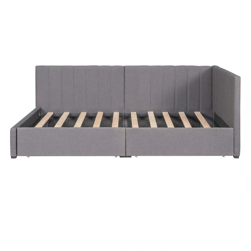 Lit de repos capitonné en lin gris avec rangement – Lit double, 2 places