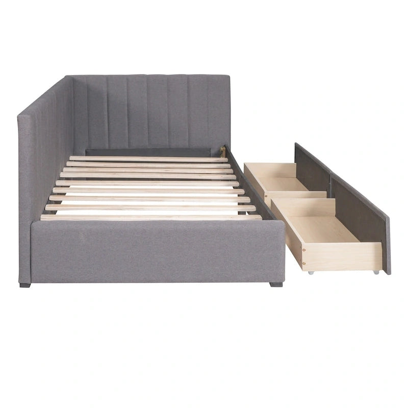 Lit de repos capitonné en lin gris avec rangement – Lit double, 2 places