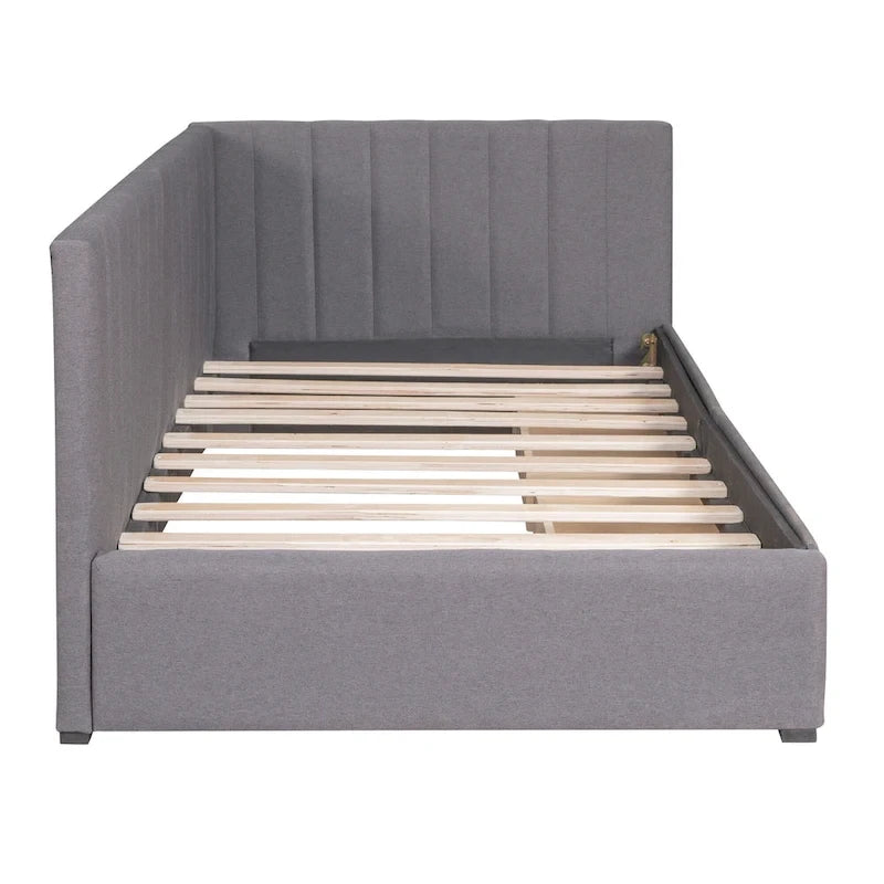 Lit de repos capitonné en lin gris avec rangement – Lit double, 2 places