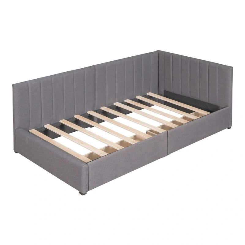 Lit de repos capitonné en lin gris avec rangement – Lit double, 2 places