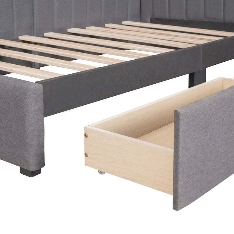 Lit de repos capitonné en lin gris avec rangement – Lit double, 2 places