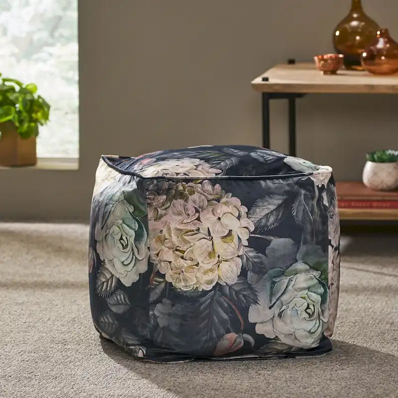 Pouf Cube Imprimé Floral — Noir / Gris, 1 place