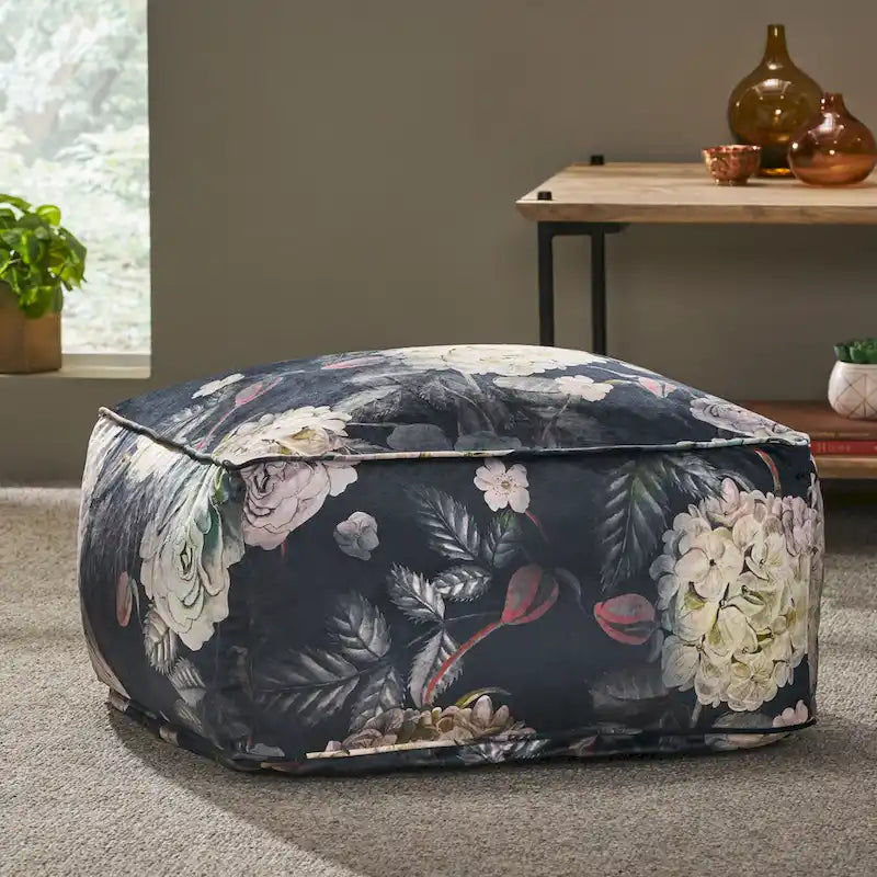 Pouf Cube Imprimé Floral — Noir / Gris, 1 place