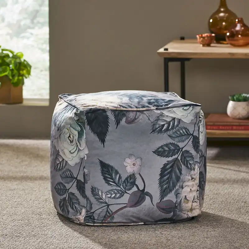 Pouf Cube Imprimé Floral — Noir / Gris, 1 place