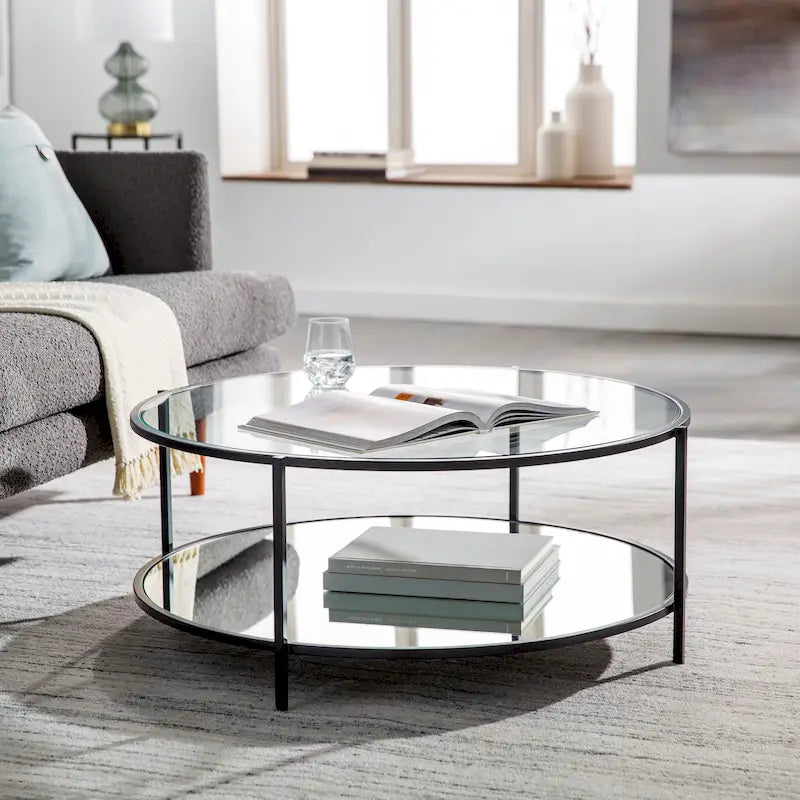 Table basse ronde en verre à 2 niveaux — Miroir / Marbre / Doré, 2 à 4 places