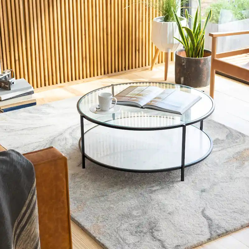 Table basse ronde en verre à 2 niveaux — Miroir / Marbre / Doré, 2 à 4 places