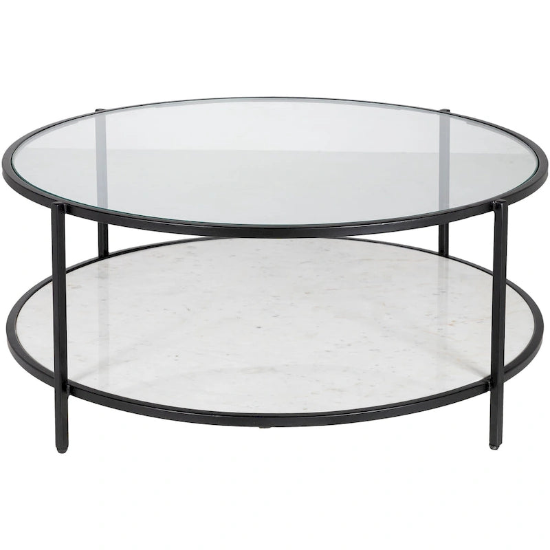 Table basse ronde en verre à 2 niveaux — Miroir / Marbre / Doré, 2 à 4 places