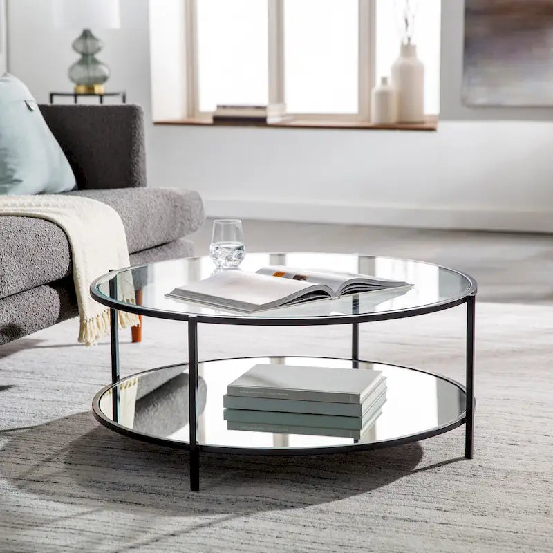 Table basse ronde en verre à 2 niveaux — Miroir / Marbre / Doré, 2 à 4 places