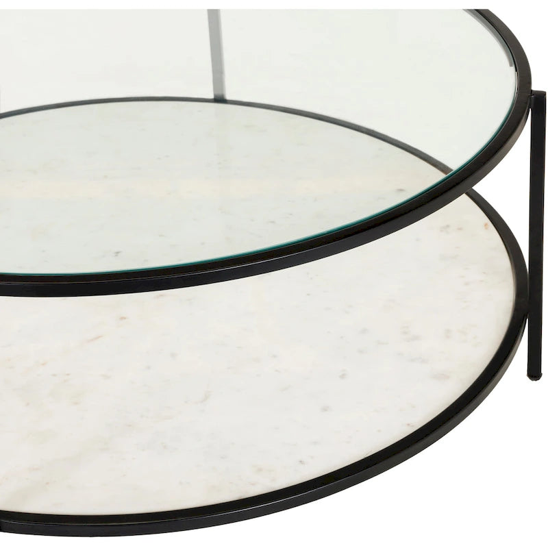 Table basse ronde en verre à 2 niveaux — Miroir / Marbre / Doré, 2 à 4 places