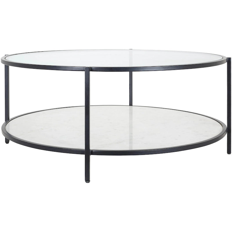 Table basse ronde en verre à 2 niveaux — Miroir / Marbre / Doré, 2 à 4 places