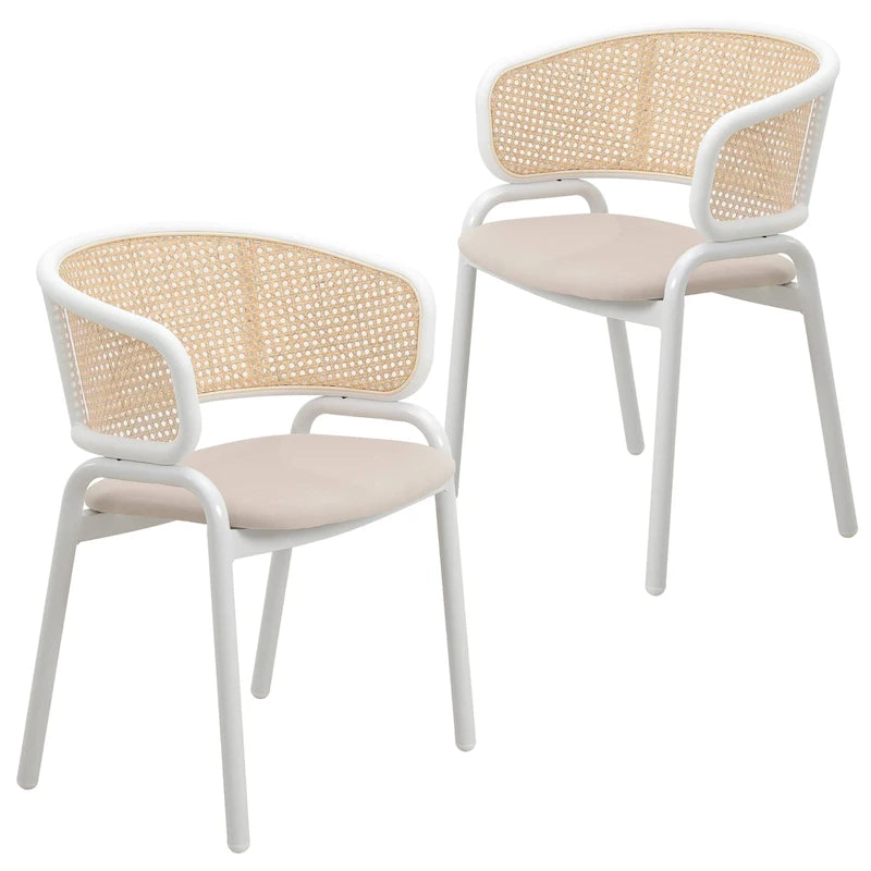 Chaise de salle à manger avec accoudoirs – Assise en velours et dossier en rotin, lot de 2 (Beige / Blanc / Noir / Gris)