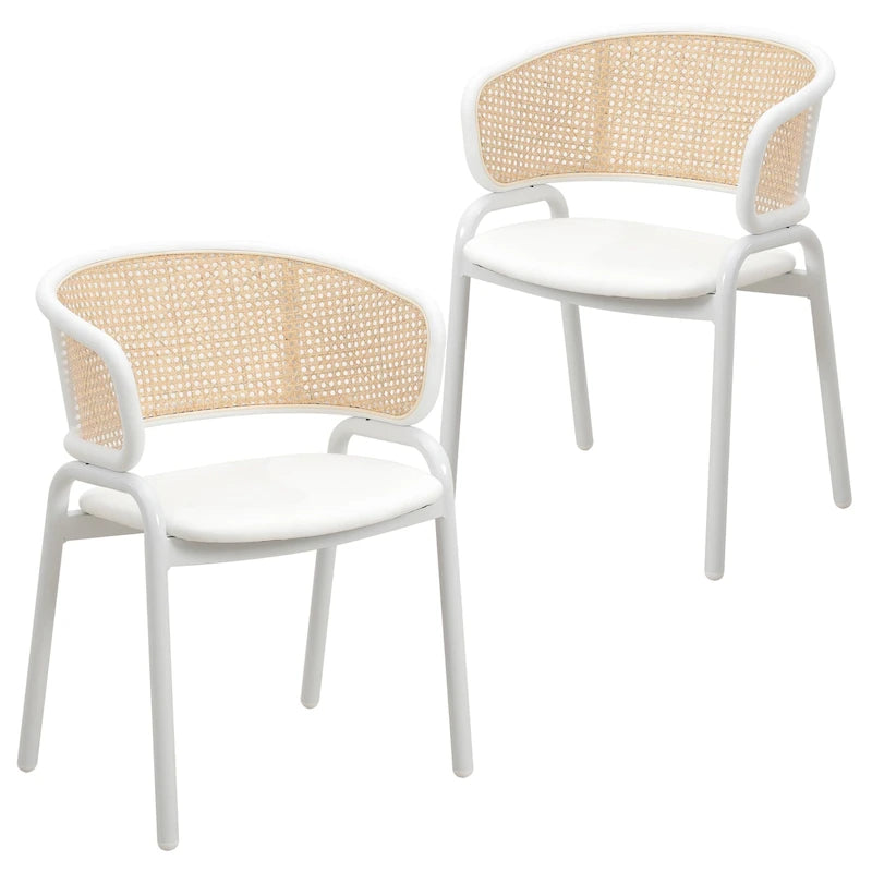 Chaise de salle à manger avec accoudoirs – Assise en velours et dossier en rotin, lot de 2 (Beige / Blanc / Noir / Gris)