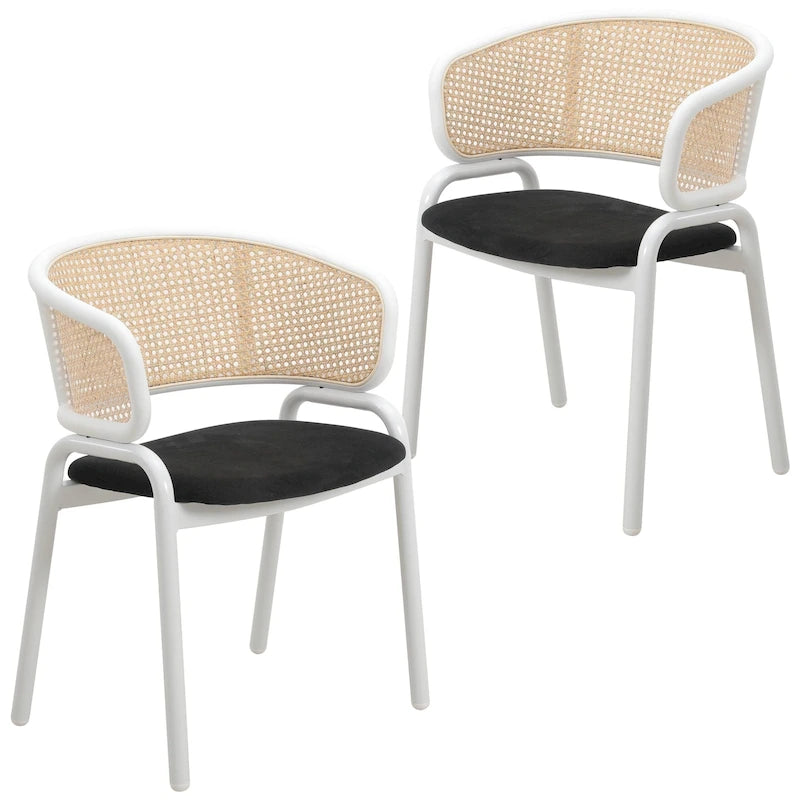 Chaise de salle à manger avec accoudoirs – Assise en velours et dossier en rotin, lot de 2 (Beige / Blanc / Noir / Gris)