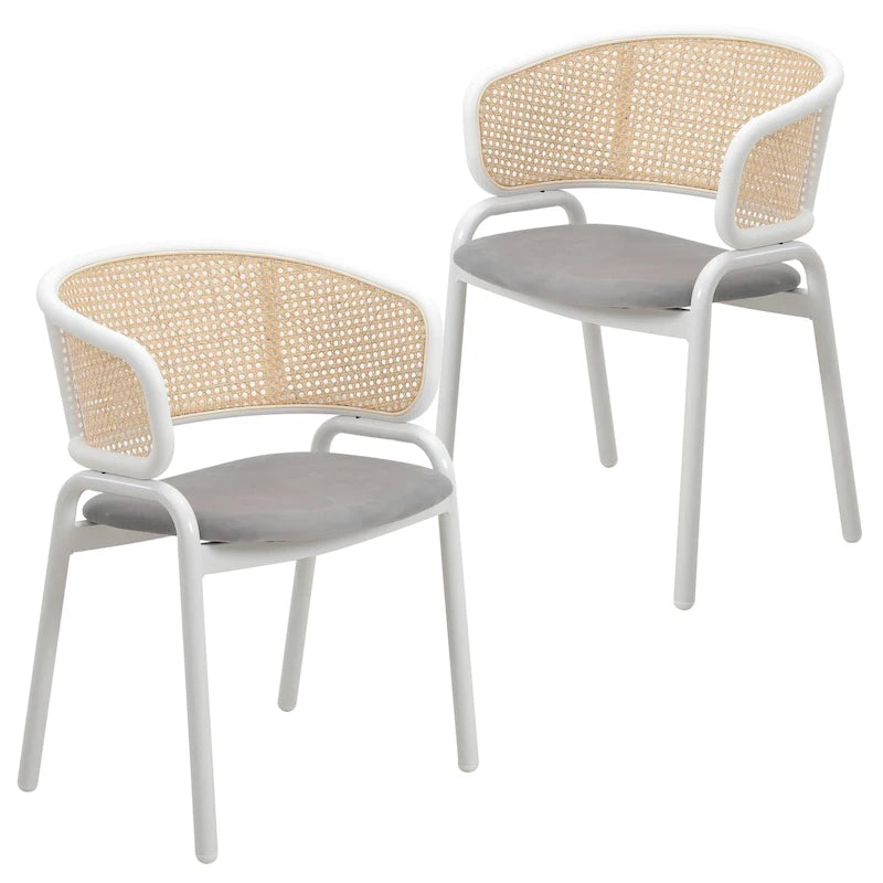 Chaise de salle à manger avec accoudoirs – Assise en velours et dossier en rotin, lot de 2 (Beige / Blanc / Noir / Gris)
