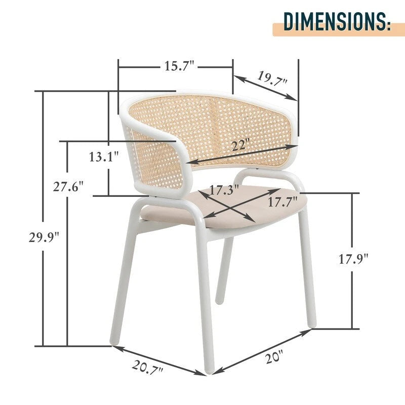 Chaise de salle à manger avec accoudoirs – Assise en velours et dossier en rotin, lot de 2 (Beige / Blanc / Noir / Gris)