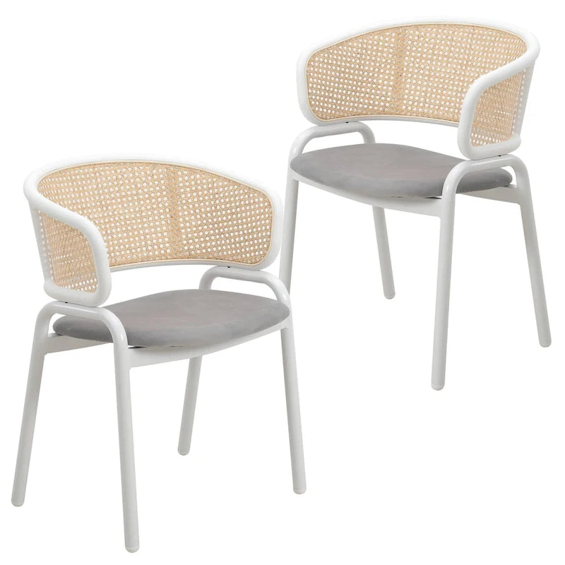 Chaise de salle à manger avec accoudoirs – Assise en velours et dossier en rotin, lot de 2 (Beige / Blanc / Noir / Gris)