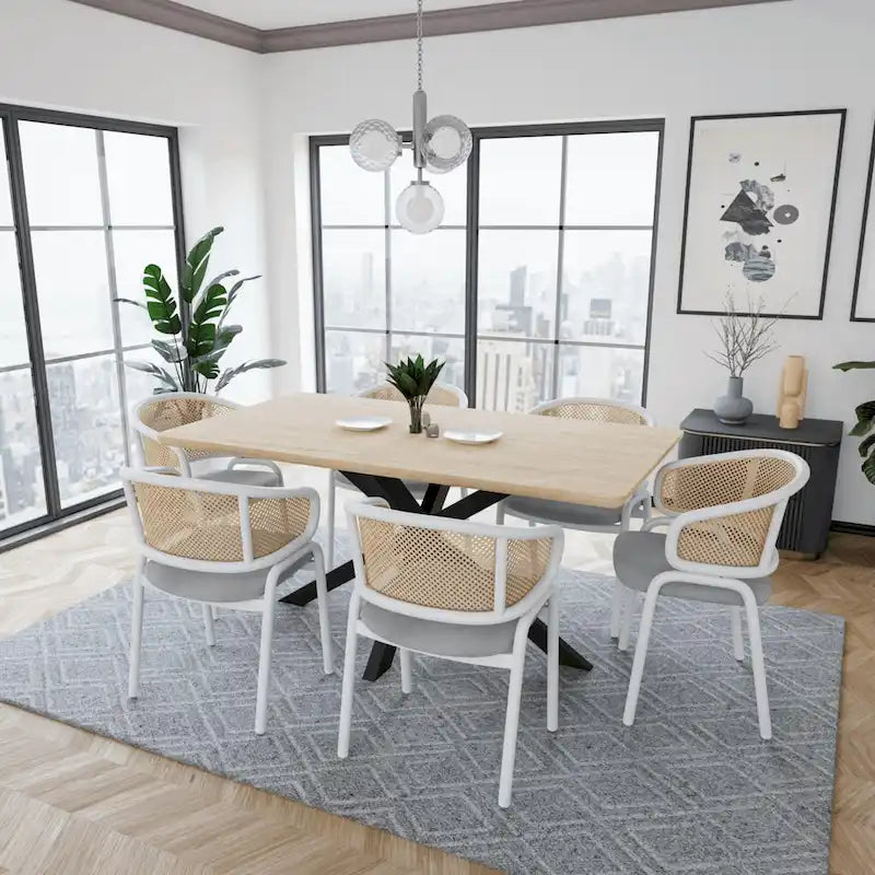 Chaise de salle à manger avec accoudoirs – Assise en velours et dossier en rotin, lot de 2 (Beige / Blanc / Noir / Gris)