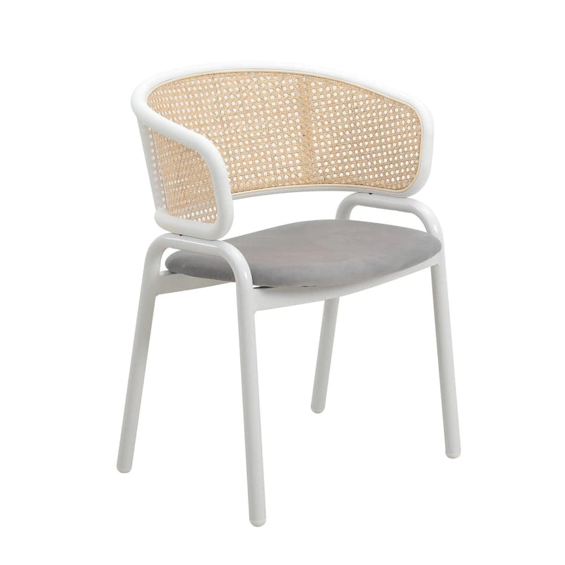 Chaise de salle à manger avec accoudoirs – Assise en velours et dossier en rotin, lot de 2 (Beige / Blanc / Noir / Gris)